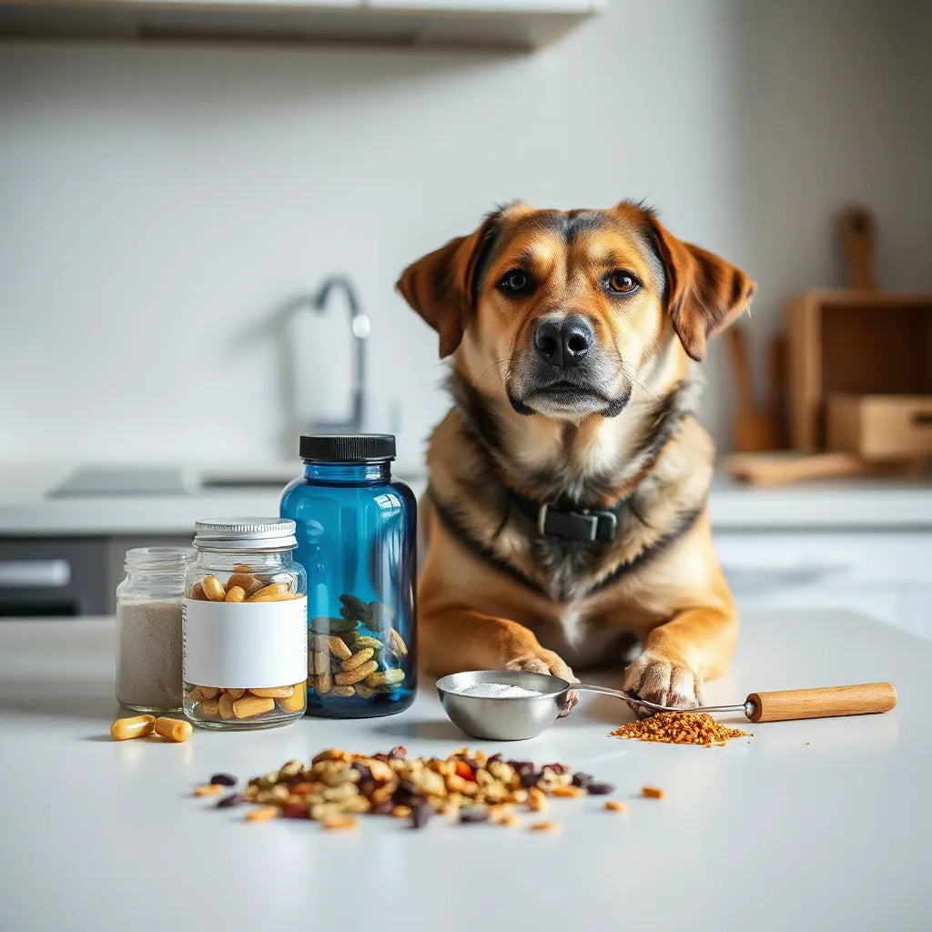 Perro sentado junto a frascos y cucharita medidora con suplementos caninos y extractos naturales