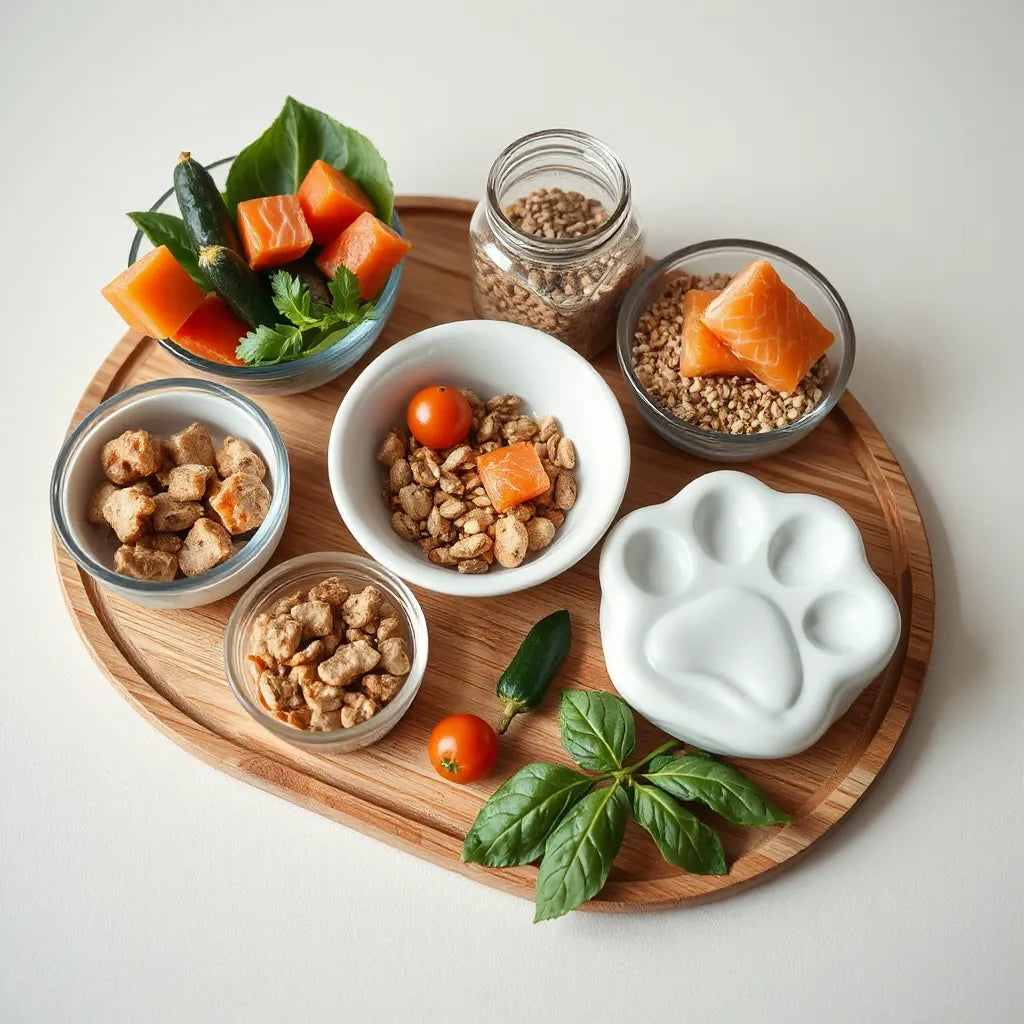 Tazones con ingredientes de calidad para la alimentación de mascotas sobre una tabla de madera