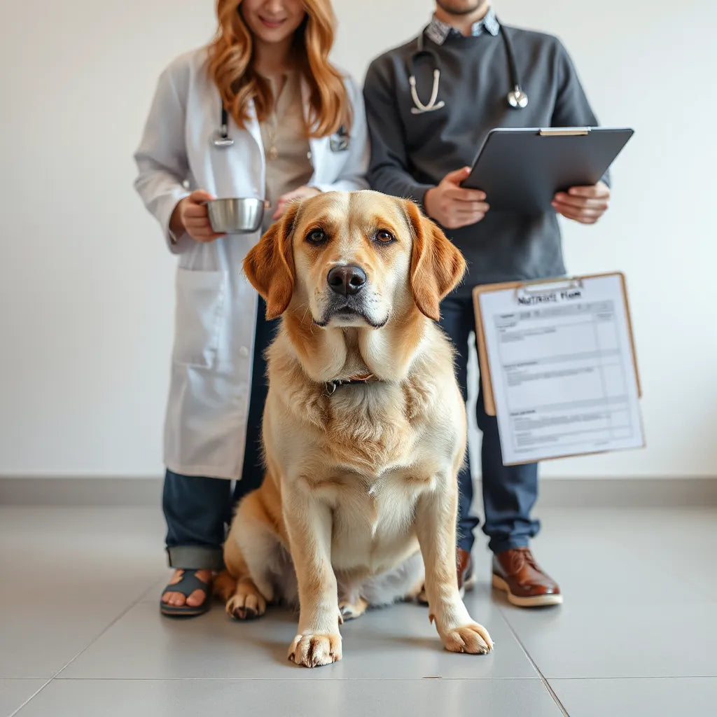 Perro junto a un veterinario en consulta, con cuenco medidor y hoja de plan nutricional sin texto legible