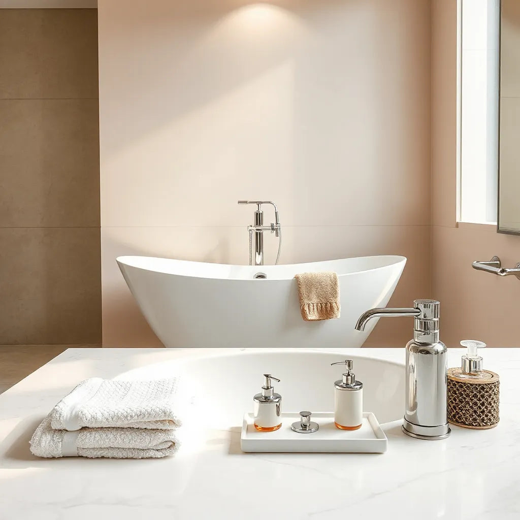 Baño moderno de lujo con bañera independiente, grifería cromada y accesorios elegantes en tocador