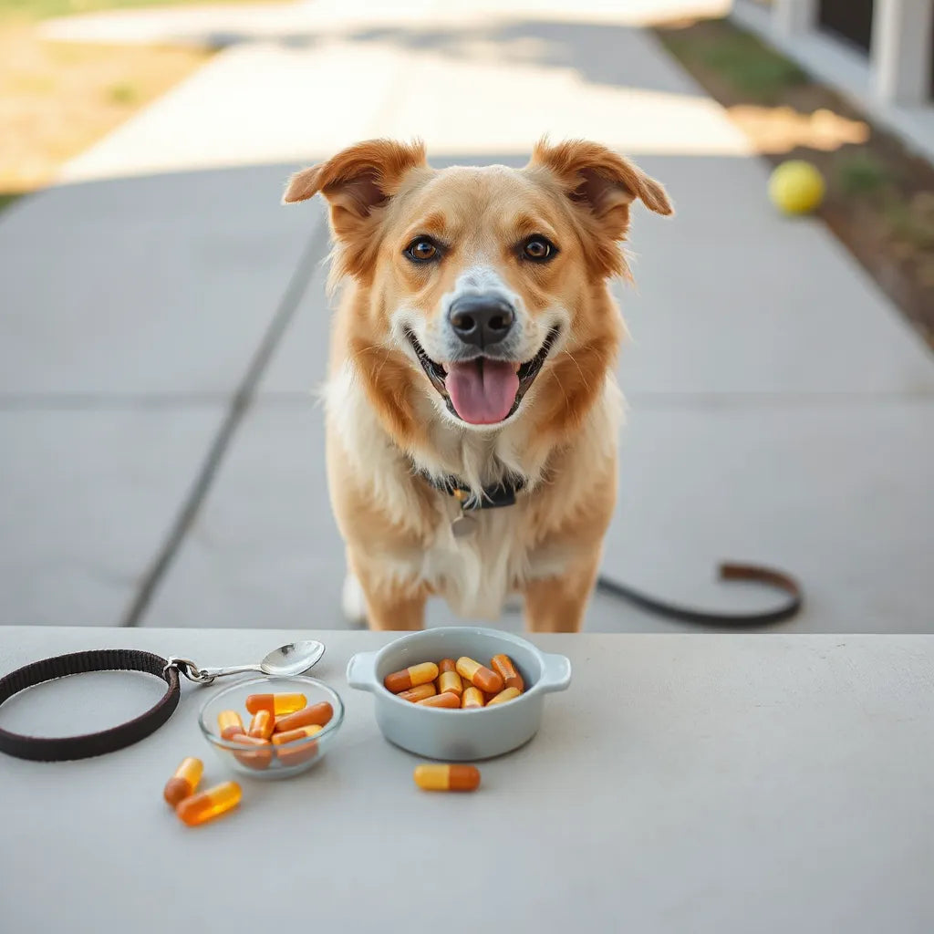 Perro activo con suplementos en primer plano, junto a un recipiente con vitaminas y cápsulas