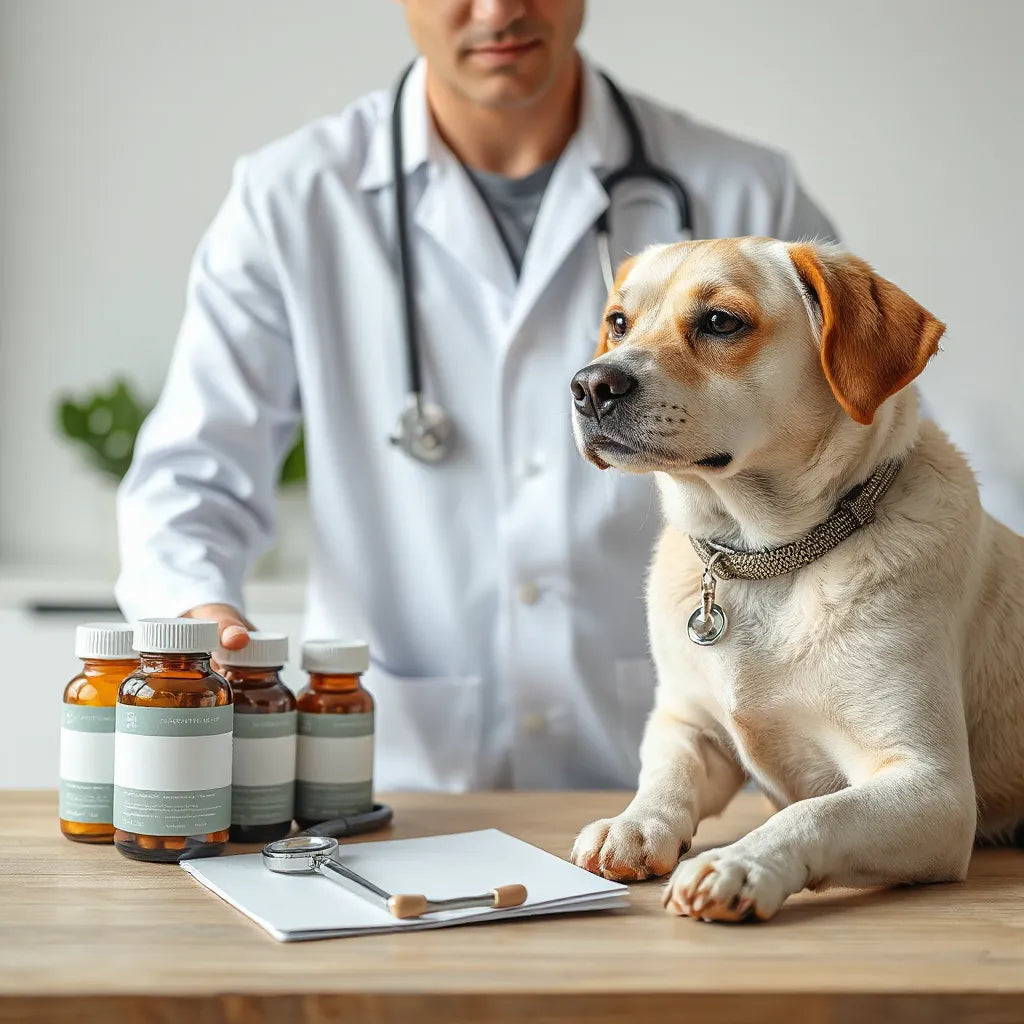 Veterinario revisando a un perro junto a frascos de suplementos en una clínica moderna