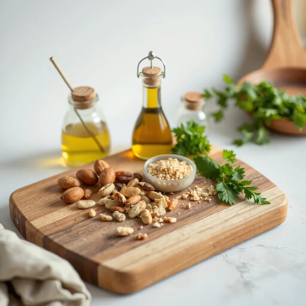 Selección de ingredientes naturales sobre una tabla de madera bajo luz natural suave