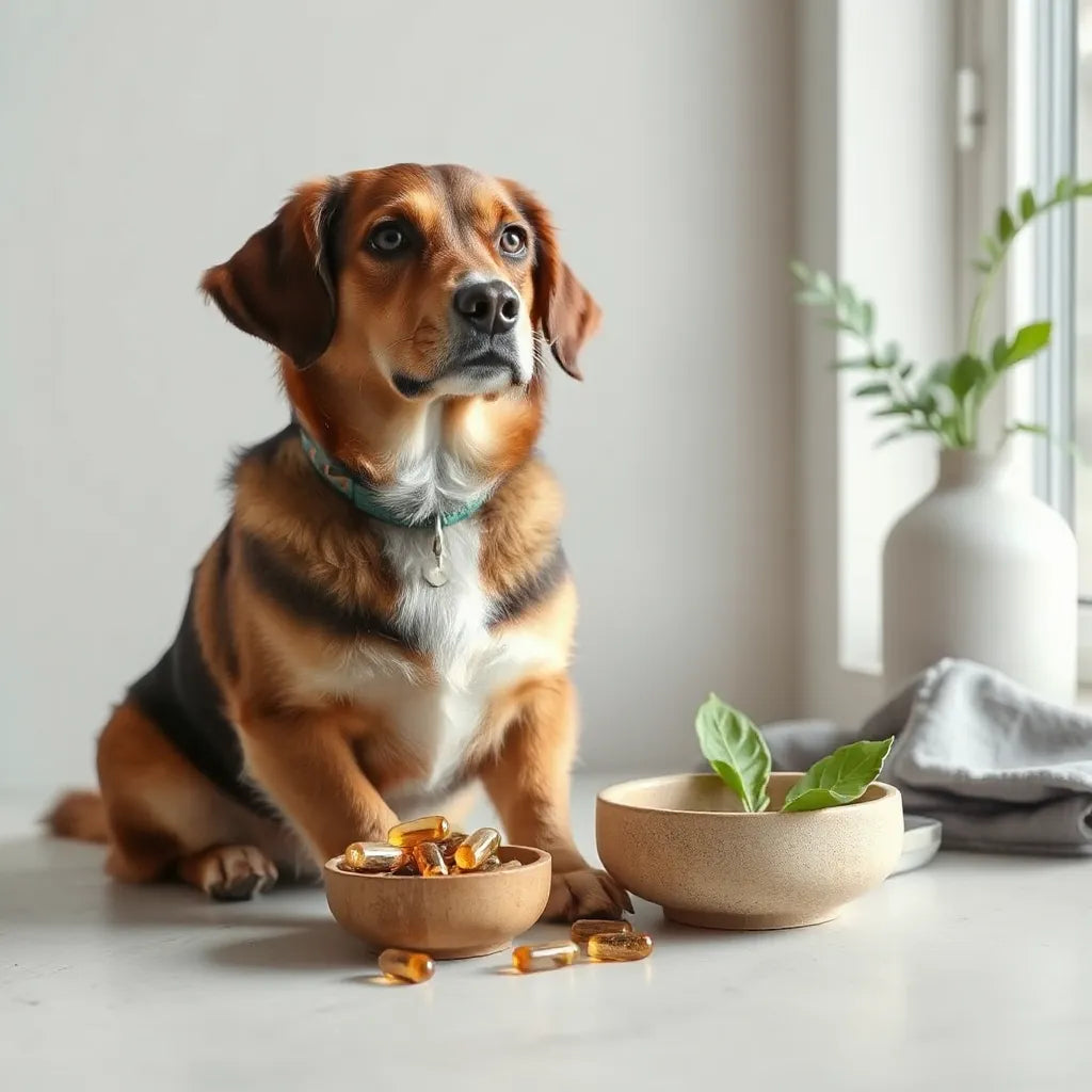 Perro con pelaje brillante junto a ingredientes naturales para un suplemento de piel y pelaje