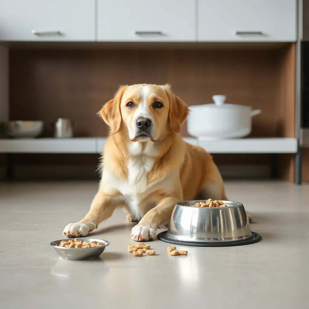 Perro tranquilo junto a un tazón de comida ligera para apoyar una digestión sensible
