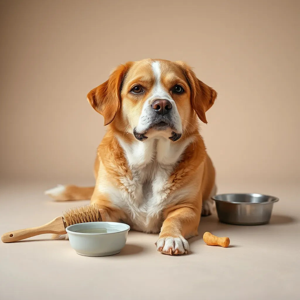 Perro de pelaje brillante y bien cepillado, con el cepillo de grooming a un lado sobre fondo neutro