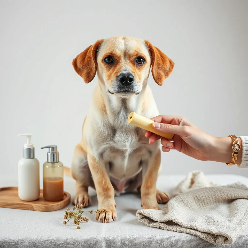 Perro tranquilo mientras manos aplican una loción para piel y se ve un kit básico de cuidado