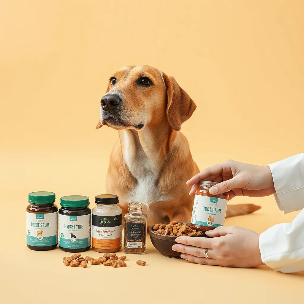 Perro saludable junto a suplementos naturales para mascotas y recipiente de comida, en ambiente limpio y luminoso
