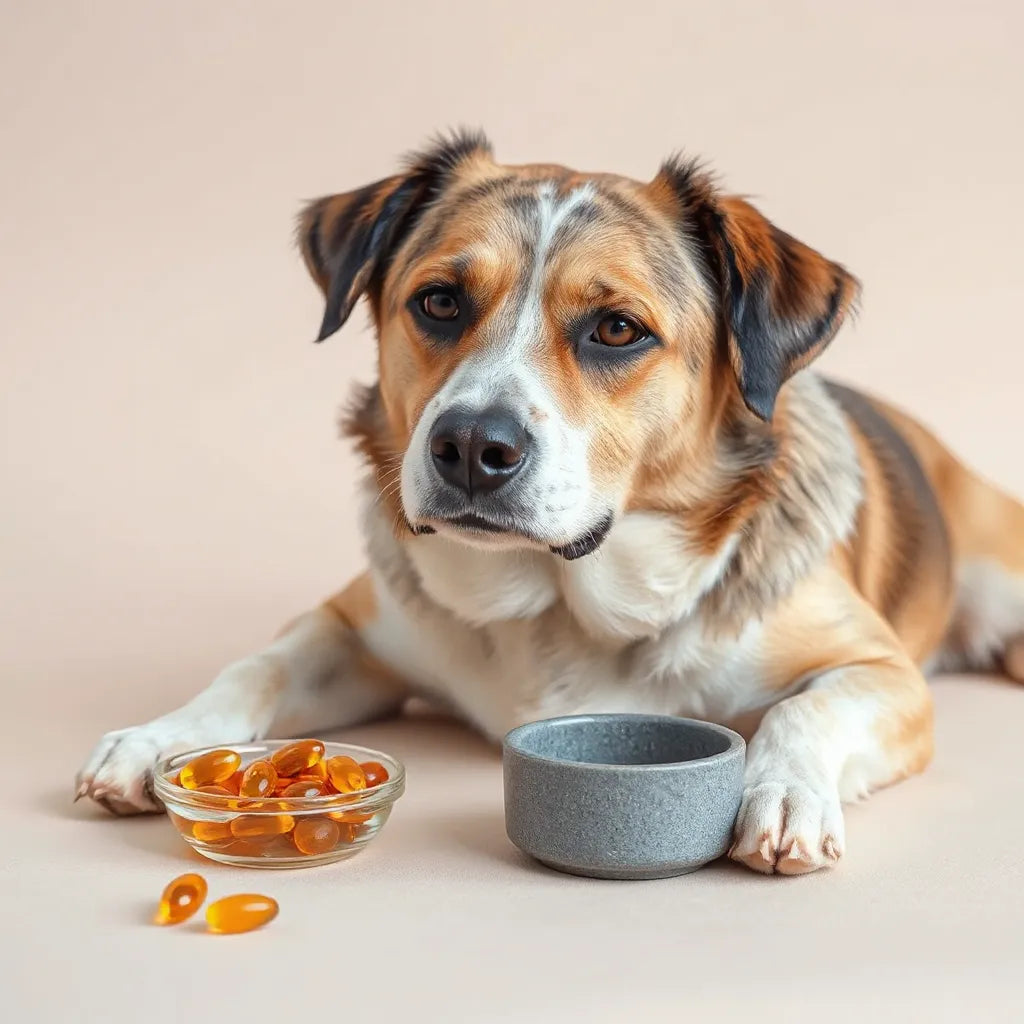 Perro tranquilo con pelaje brillante junto a aceite de omega 3 y cápsulas, sobre un fondo neutro