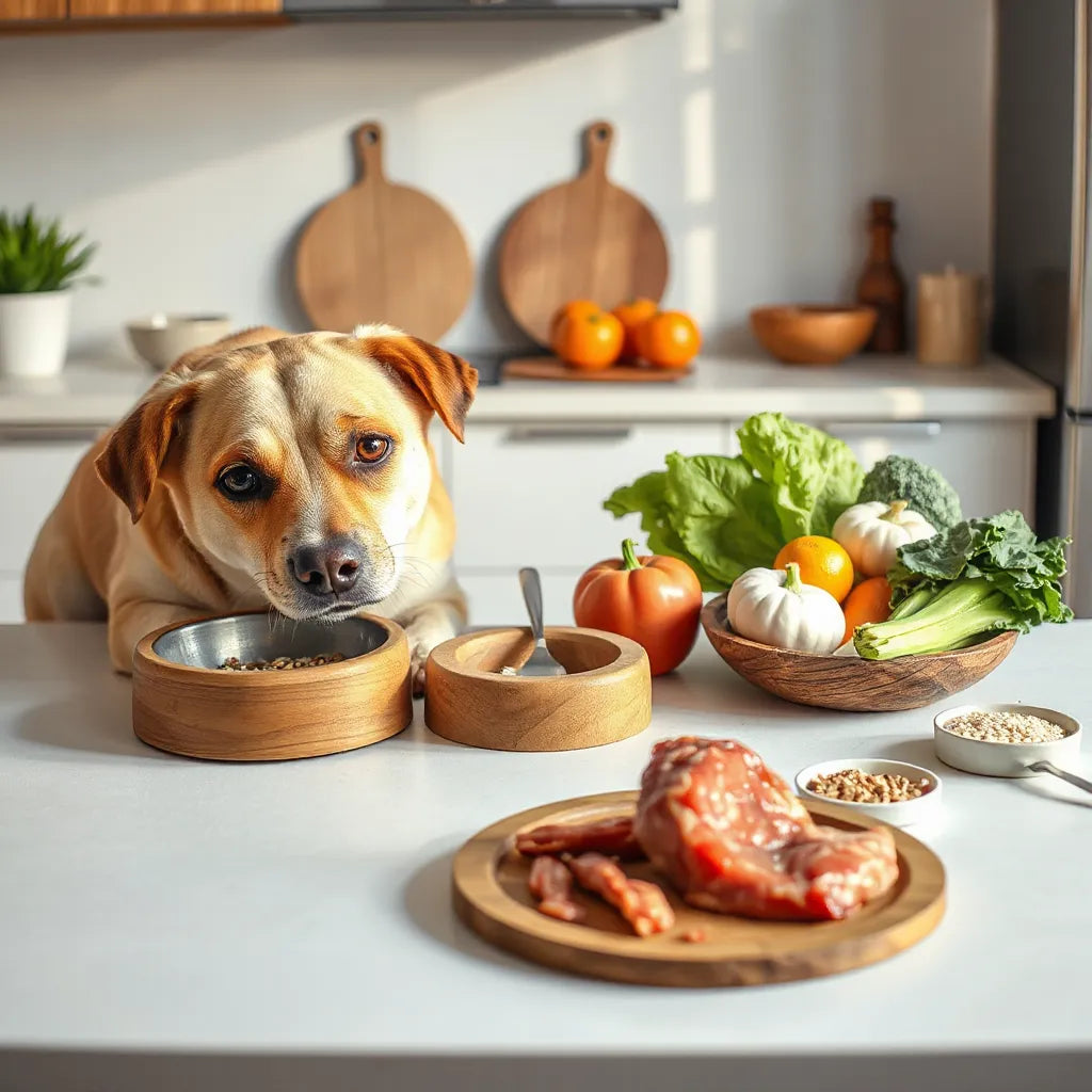 Perro saludable junto a un cuenco de comida y alimentos frescos en una cocina luminosa