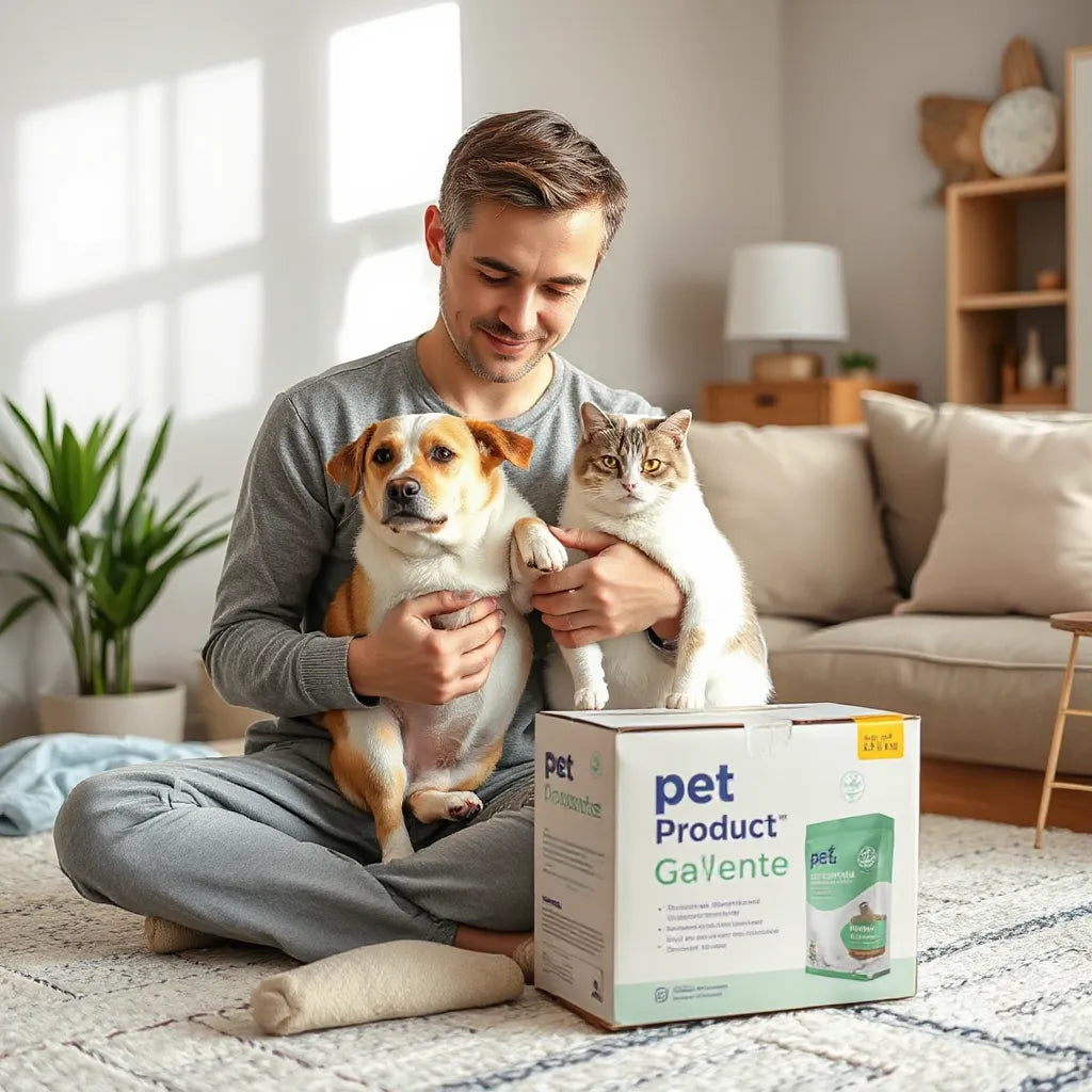 Dueño que calma a un perro y una gata junto a una caja de entrega de mascota