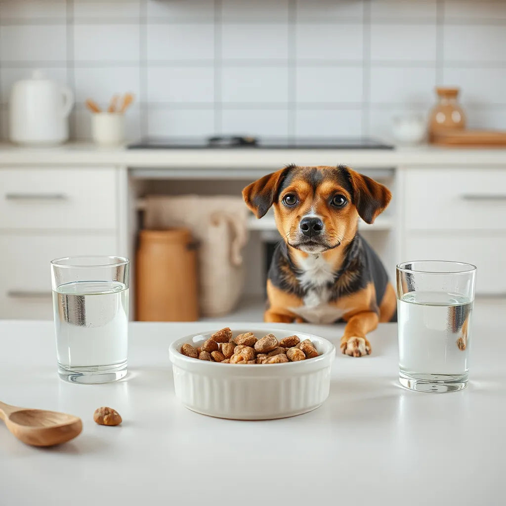 Perro tranquilo junto a un cuenco limpio con comida y agua fresca en un ambiente doméstico