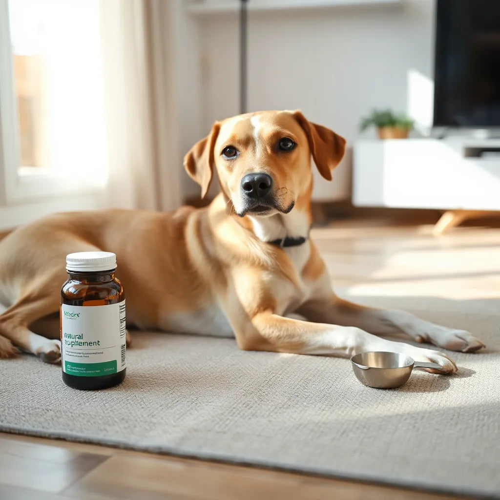 Perro tranquilo junto a un frasco de suplementos y una cuchara medidora en un ambiente limpio