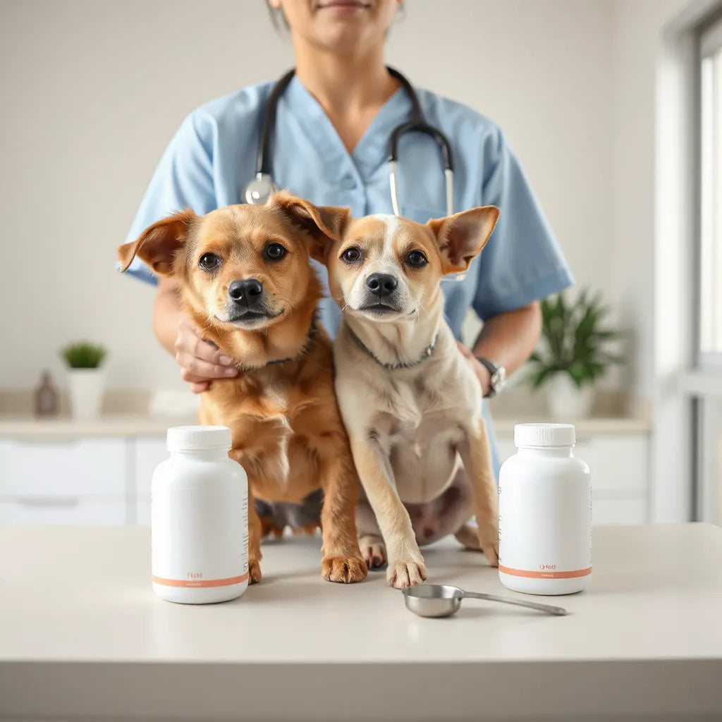 Veterinaria atendiendo a dos perros con frascos de suplementos sin etiquetas sobre una mesa