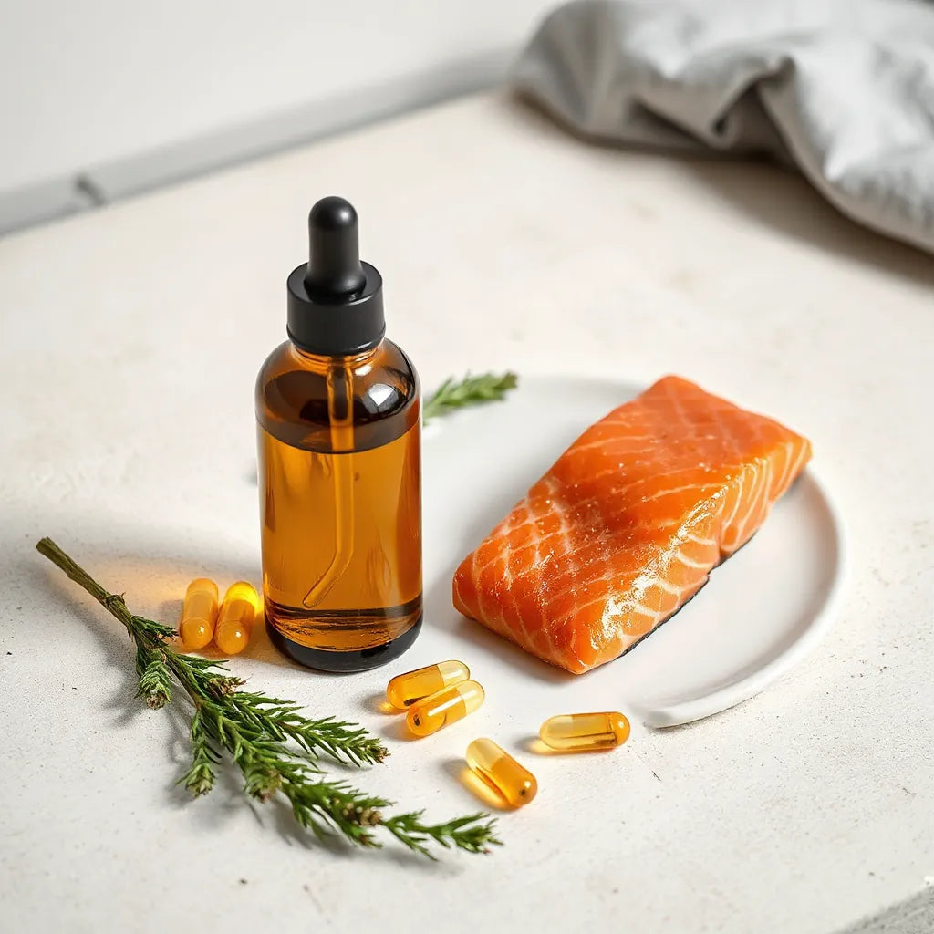 Botella de aceite de salmón noruego junto a filete fresco de salmón y cápsulas