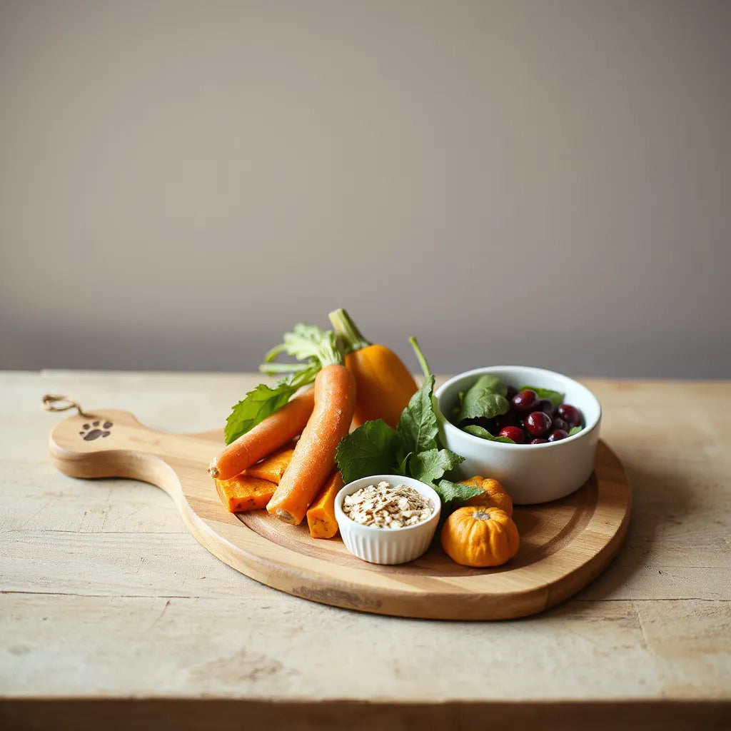 Selección de ingredientes naturales junto a un cuenco para mascotas sobre una tabla de madera