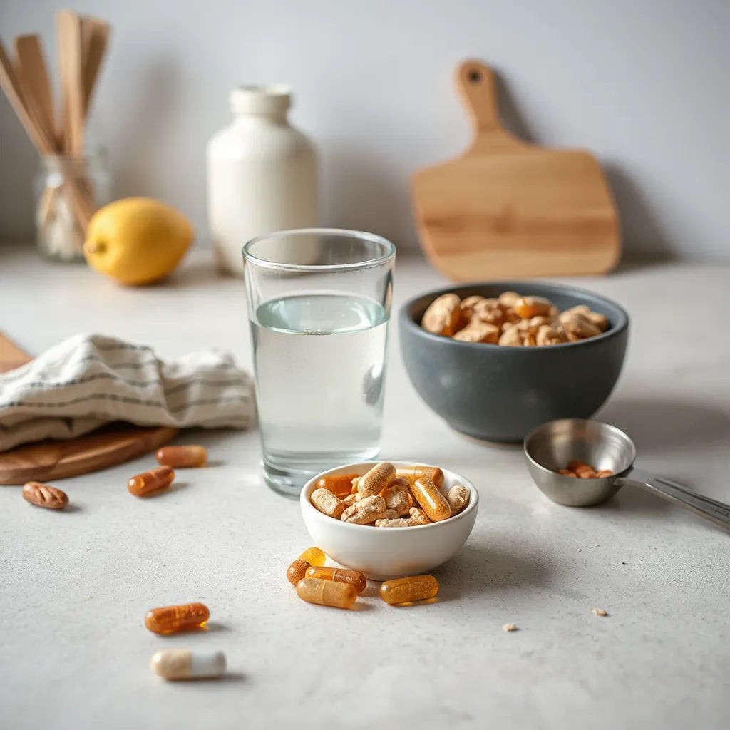 Suplementos en cápsulas junto a una cucharilla medidora y un vaso de agua sobre fondo neutro