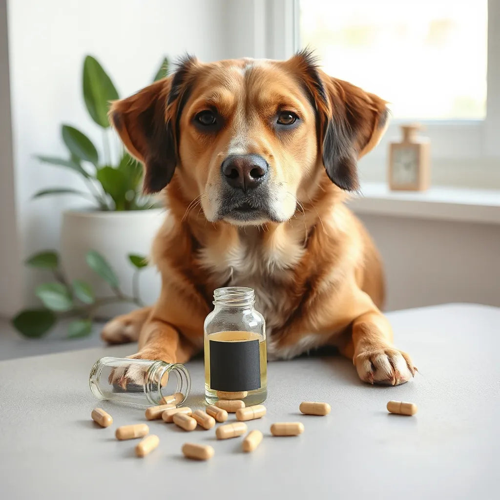 Perro de pelaje brillante junto a frascos y cápsulas de suplementos naturales para apoyar piel saludable