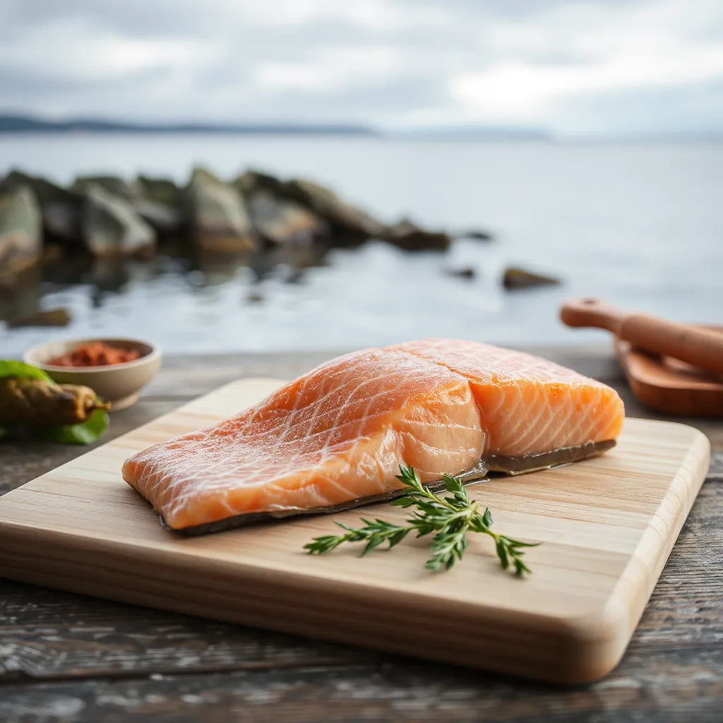 Filete de salmón fresco sobre tabla de madera con paisaje costero noruego desenfocado