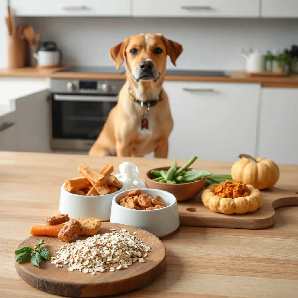 Cuenco para perro con ingredientes frescos saludables como verduras y avena, con un perro atento al fondo