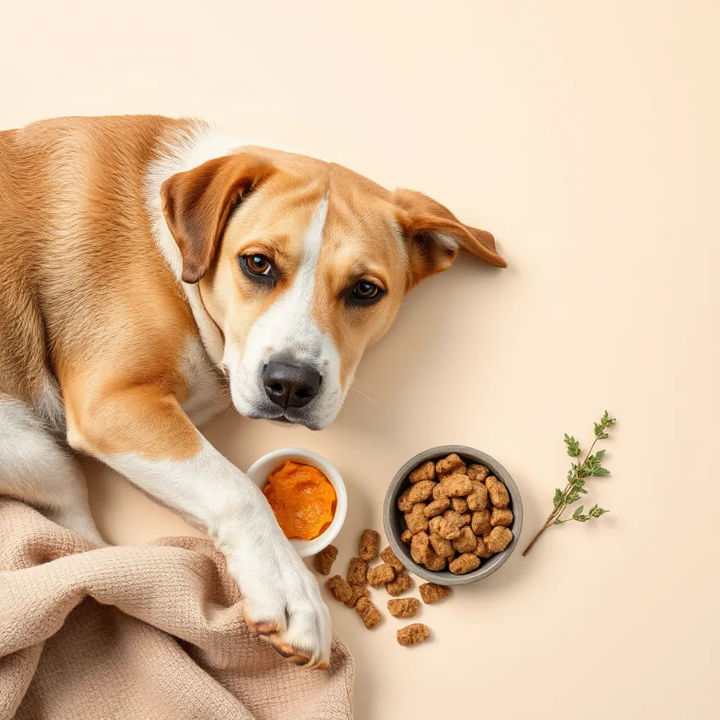 Perro tranquilo junto a un cuenco con alimento suave y calabaza fresca para apoyar la digestión