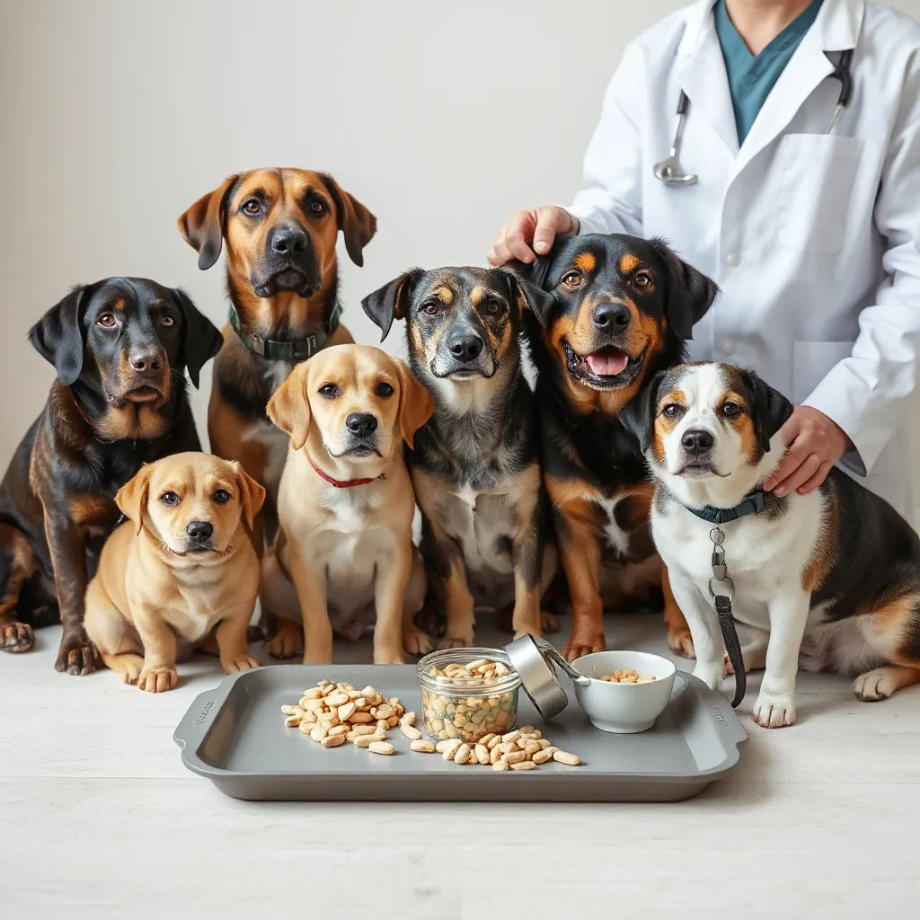Variedad de perros y un veterinario revisando suplementos para apoyar su salud