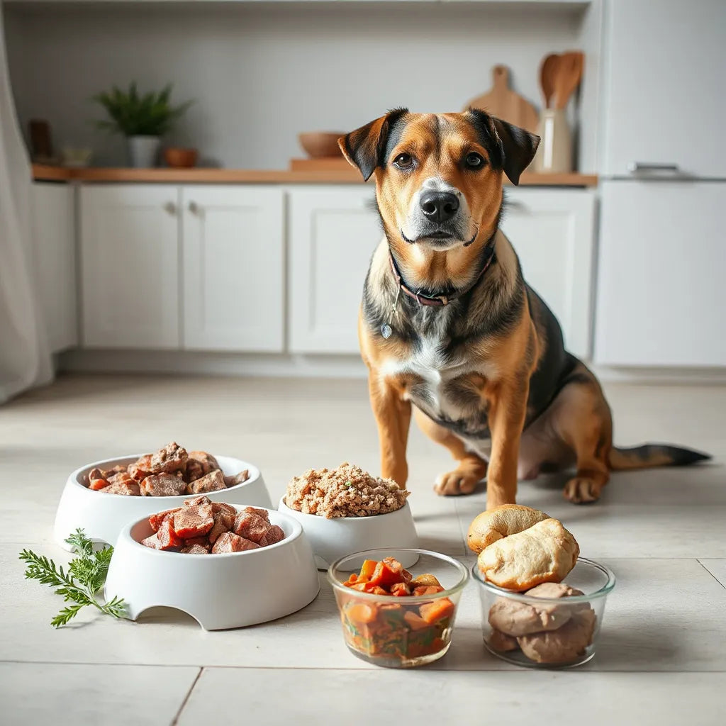 Perro junto a un cuenco de comida y alimentos crudos naturales para una dieta BARF casera