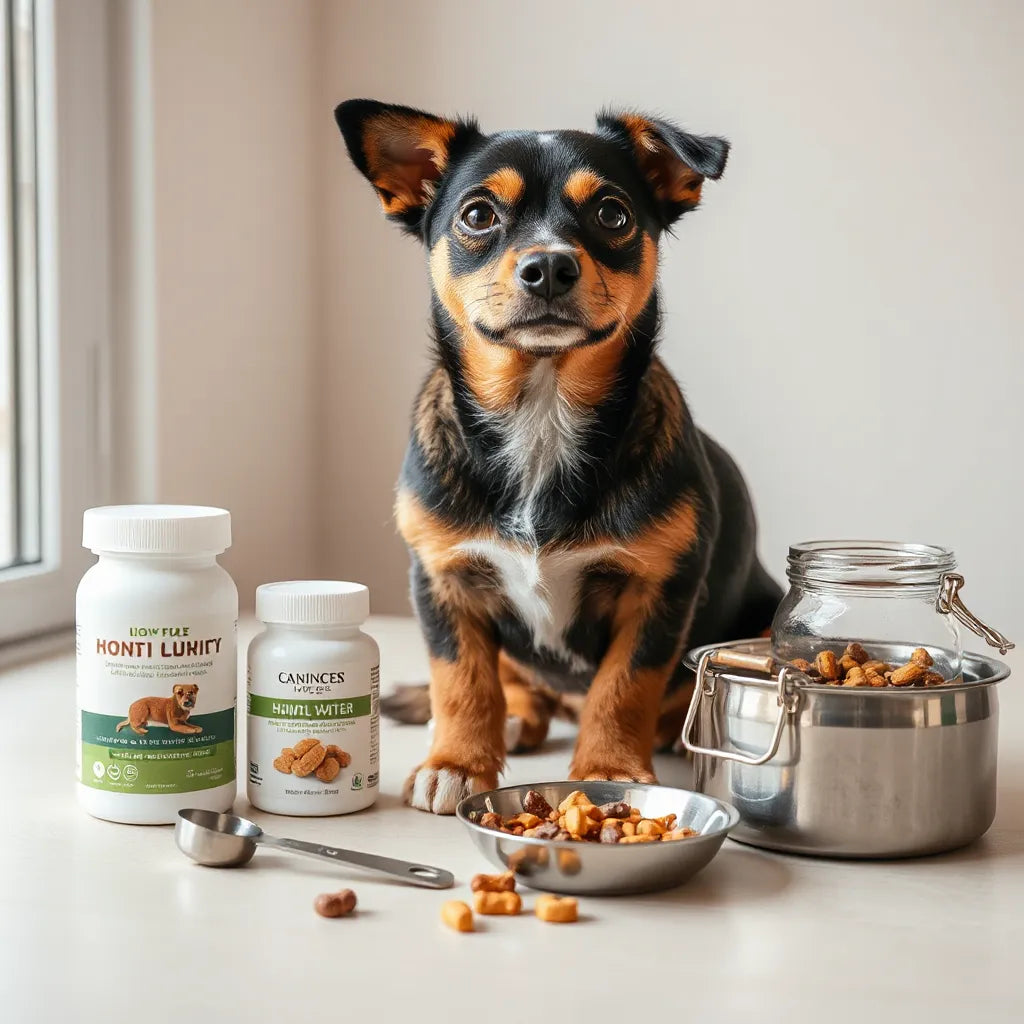 Perro sentado junto a frascos de suplementos caninos y un medidor sobre una mesa con luz natural
