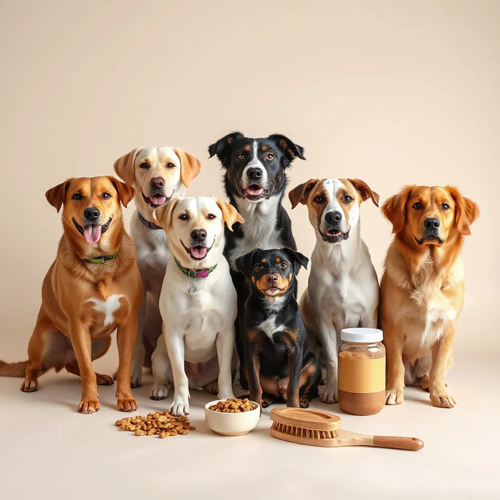 Varios perros de distintas razas junto a productos de cuidado y alimentación sin etiquetas