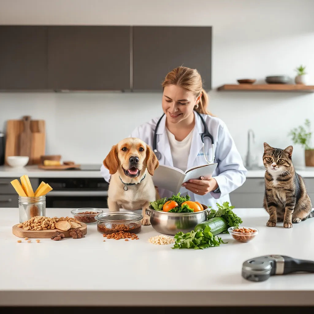 Veterinario y dueño revisando la alimentación mientras perro y gato esperan junto a comida saludable