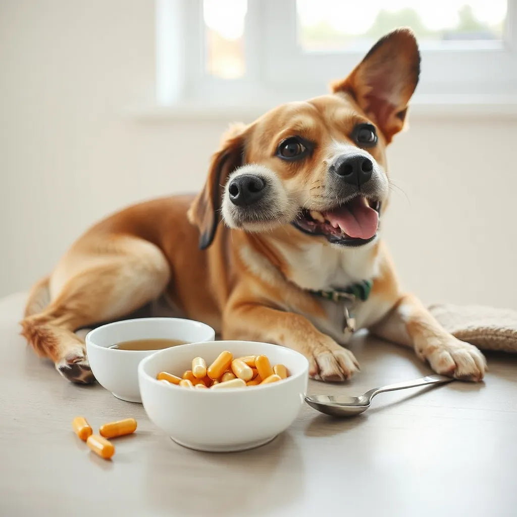 Perro junto a multivitamínicos caninos y utensilios de nutrición sobre una superficie neutra