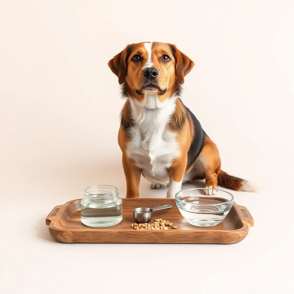 Perro adulto sentado junto a un frasco de suplemento nutricional y un medidor sobre fondo claro