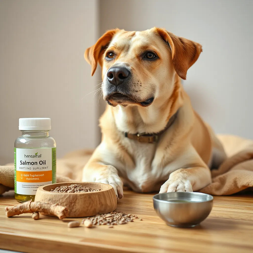 Perro saludable junto a ingredientes naturales para suplementos y un recipiente de aceite sin etiquetas