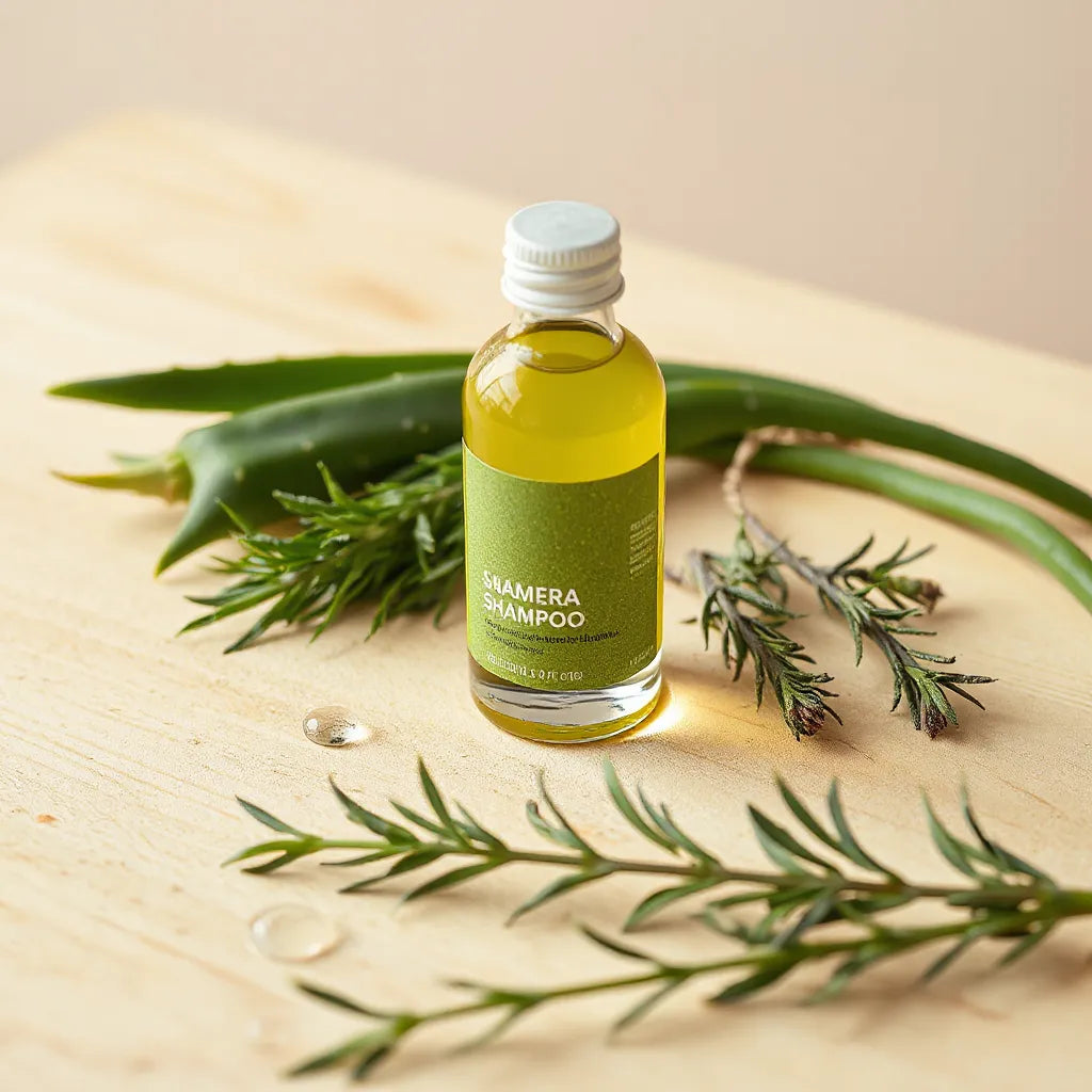 Botella de champú con plantas frescas y hojas de aloe vera sobre una mesa de madera clara