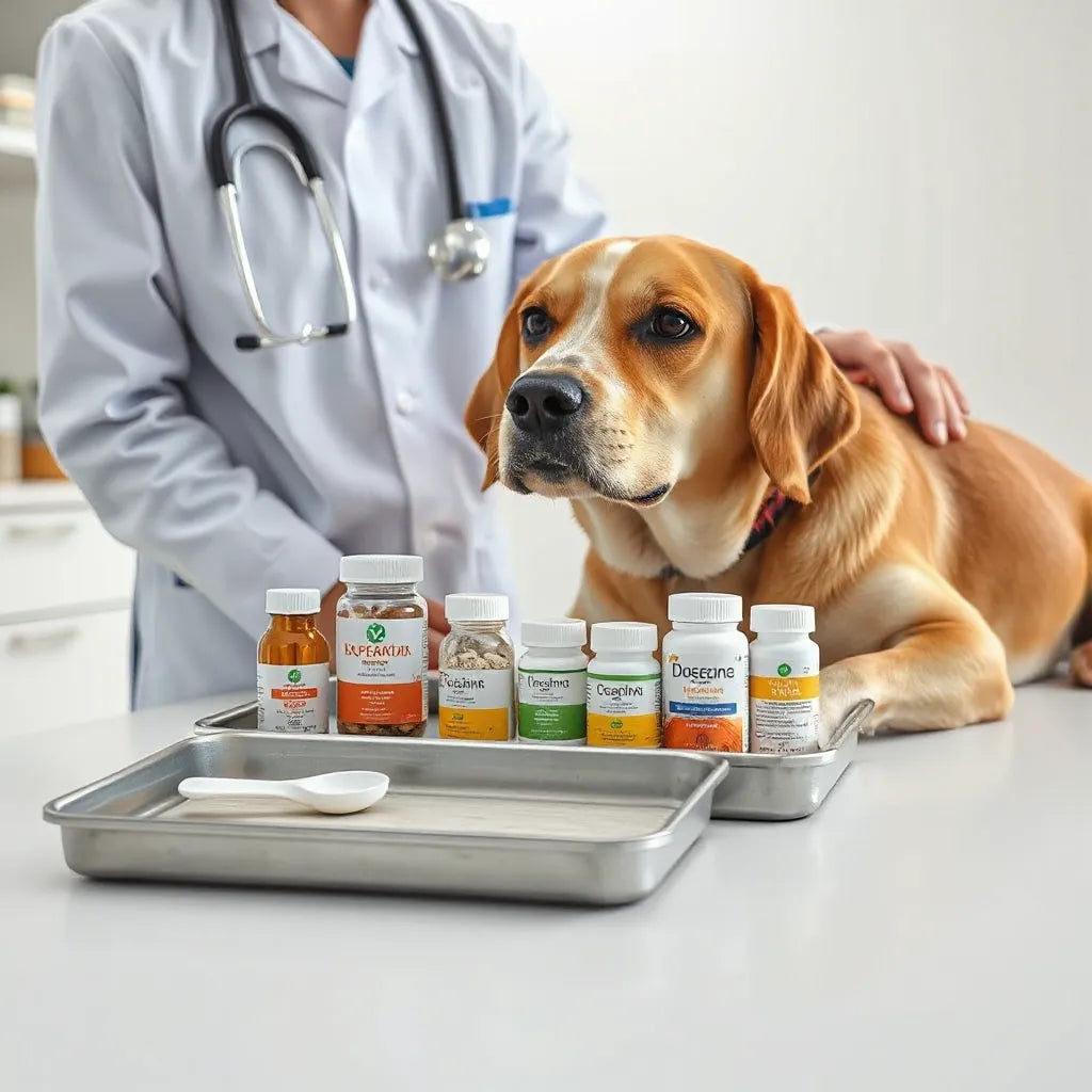 Veterinario revisando a un perro en clínica con frascos de suplementos caninos sin etiquetas