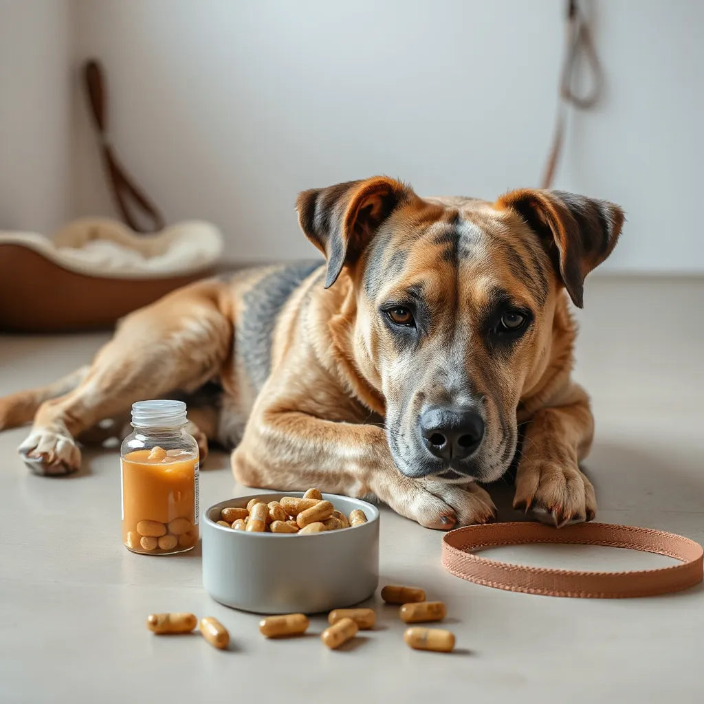 Perro tranquilo junto a un bol y suplementos para apoyar una digestión sensible