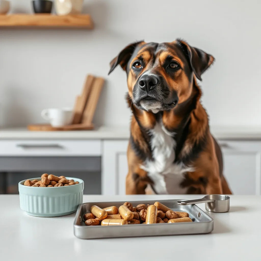 Perro sentado junto a suplementos caninos, cápsulas y una medida de alimento en una cocina.