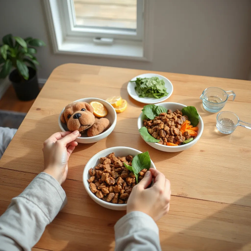 Bolsas y platos con comida balanceada para perro y gato, con ingredientes frescos sobre una mesa