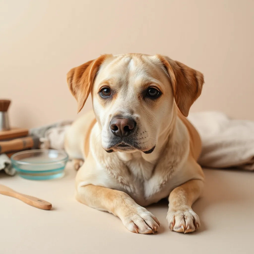 Perro tranquilo con pelaje brillante y piel sana, con iluminación natural y fondo neutro
