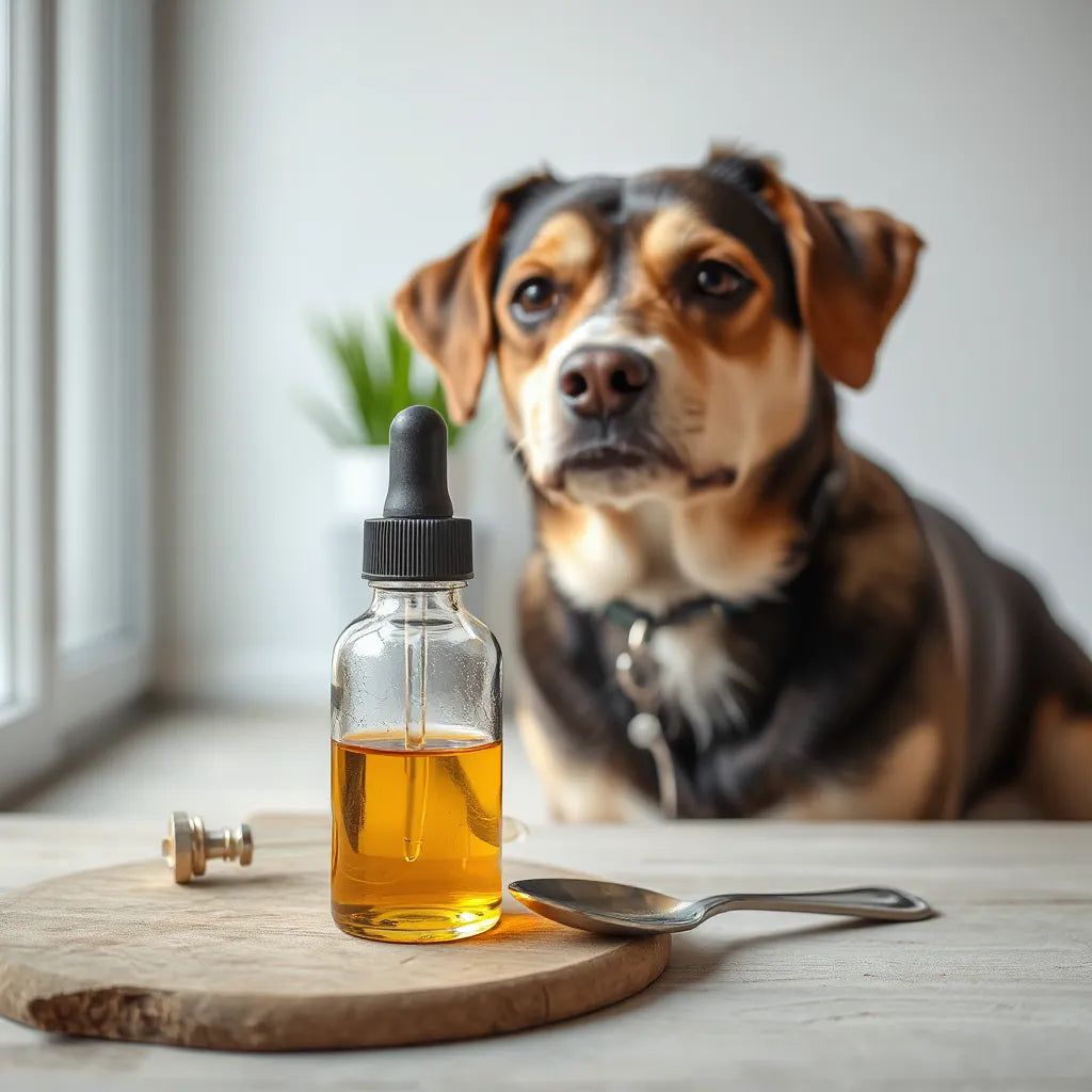 Perro junto a un gotero con aceite dorado de salmón y una cucharita en un ambiente limpio