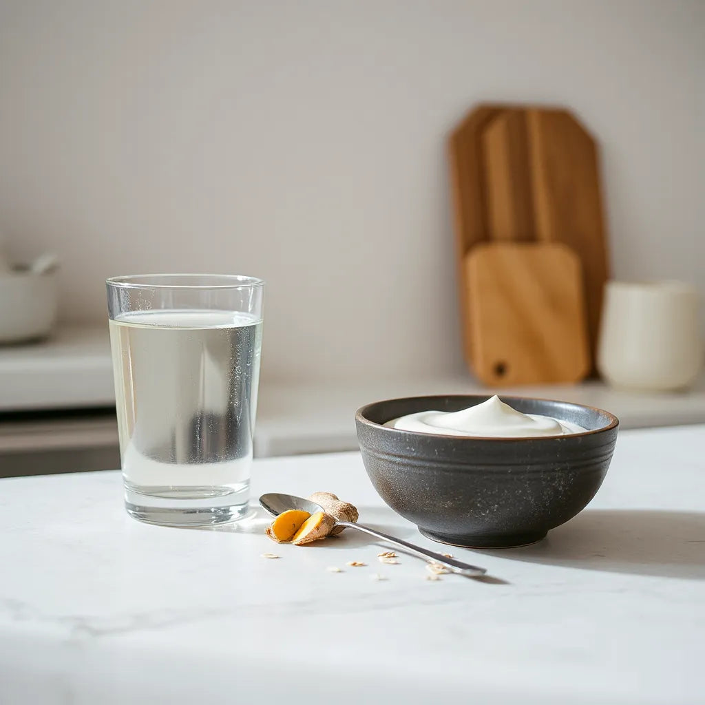 Suplemento digestivo con agua y un cuenco de yogur sobre una mesa con luz natural