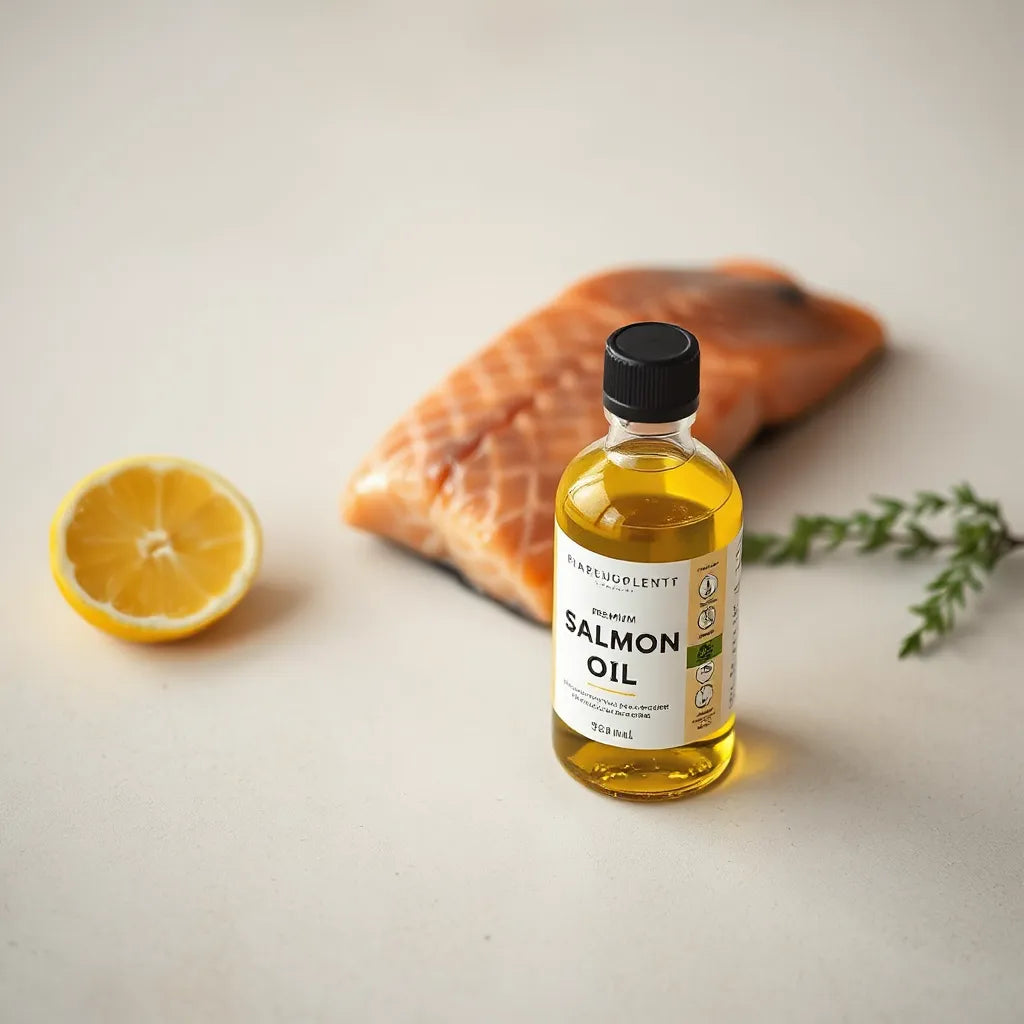 Botella de aceite de salmón premium con líquido dorado junto a un filete de salmón fresco