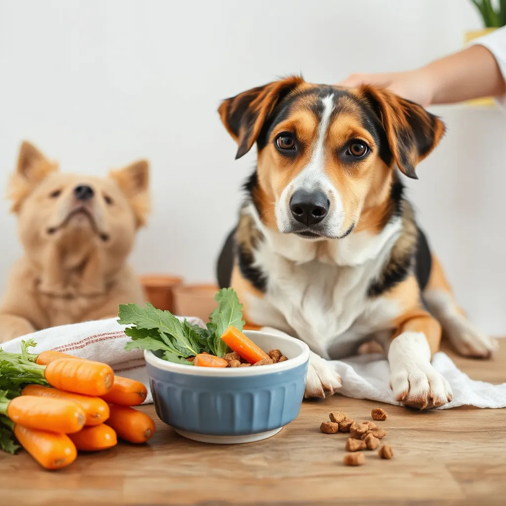Perro saludable junto a un cuenco con ingredientes frescos y una mano porcionando comida