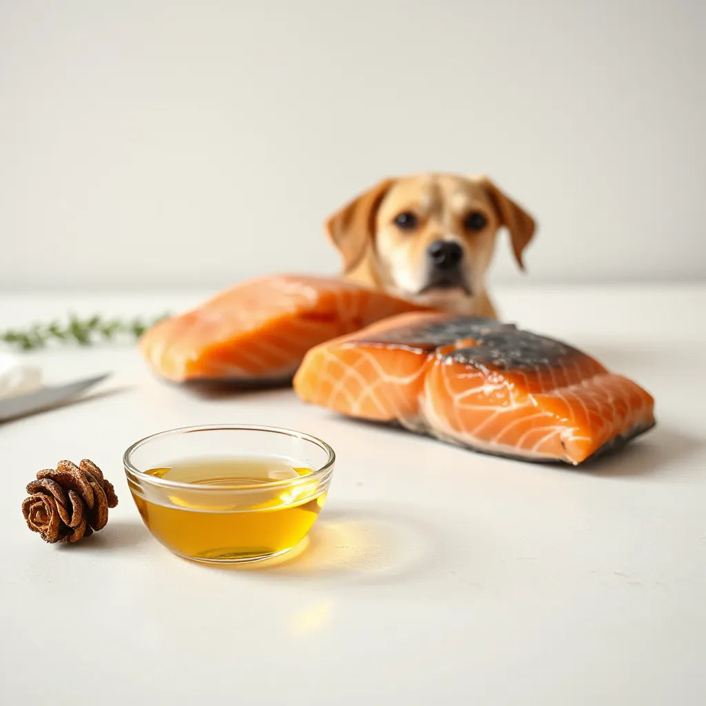 Bowl con aceite dorado de salmón y un perro tranquilo junto a un filete de salmón