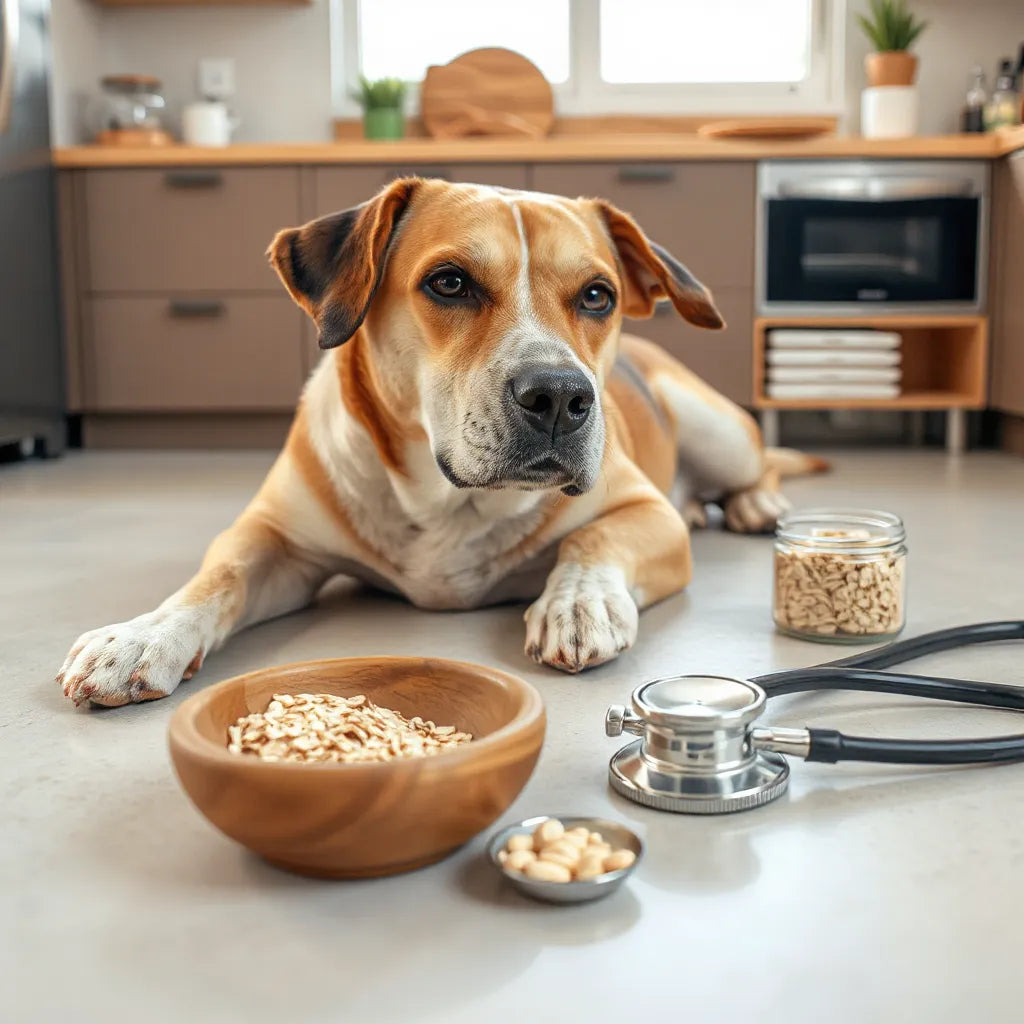 Perro tranquilo junto a un cuenco y frasco de suplementos dietéticos en una cocina luminosa