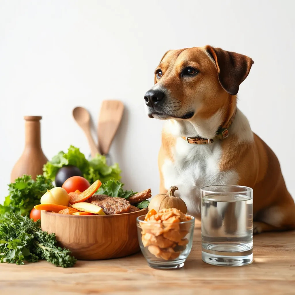 Perro tranquilo junto a un cuenco con comida natural y verduras frescas sobre una mesa de cocina