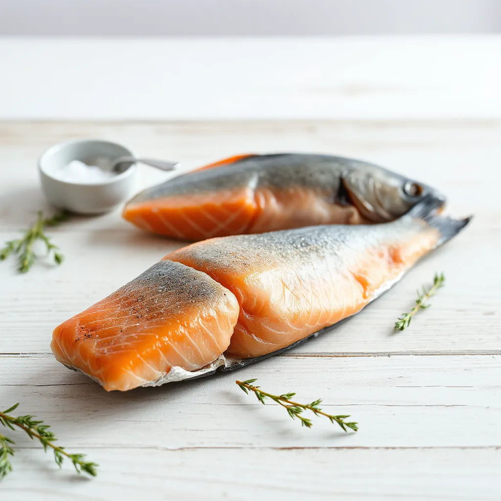 Salmón fresco noruego sobre madera clara con sal marina y hierbas, luz natural fría y fondo oceánico desenfocado