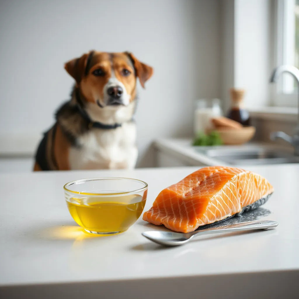 Aceite dorado de salmón en un cuenco junto a un filete de salmón y una cucharita medidora