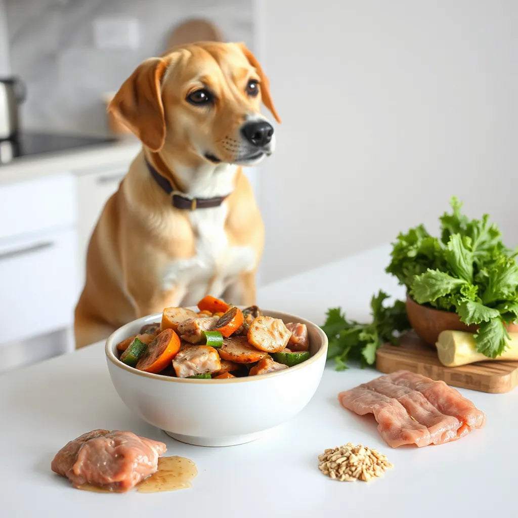 Cuenco con comida casera saludable para un perro, con verduras y carne a un lado