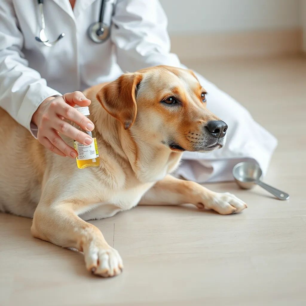 Veterinario junto a un perro calmado y frascos de suplementos sin etiquetas